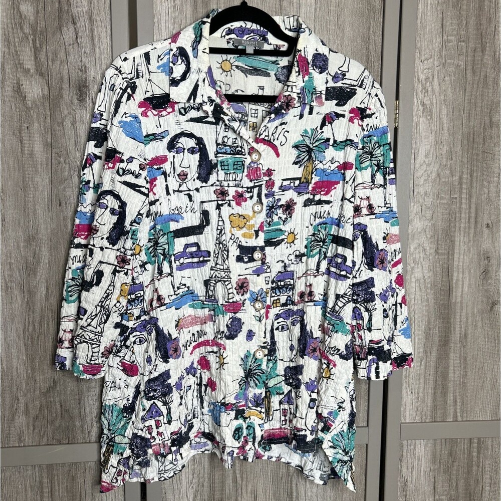 Habitat Top Crinkled Paris Sketch Printed Button Up Shirt Size S